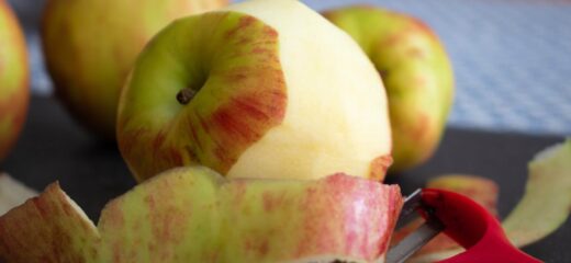 A picture of a girl holding an apple in her hand and looking upward at a lady in a grocery store.