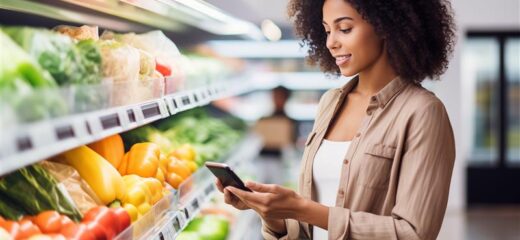 Woman at the grocery store in the produce aisle looking at her phone