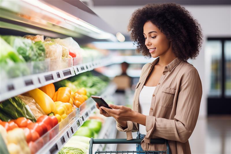 Woman at the grocery store in the produce aisle looking at her phone